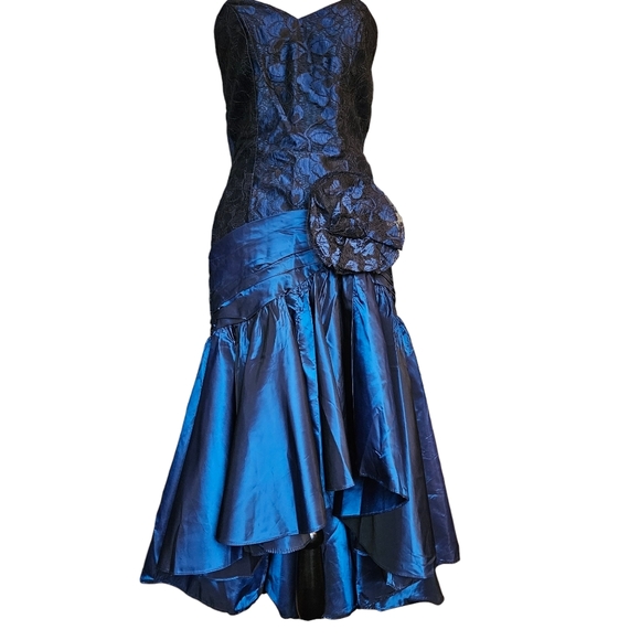 Vintage ILGWU cobalt blue strapless evening gown dress asymmetrical black lace 6 - Picture 1 of 17